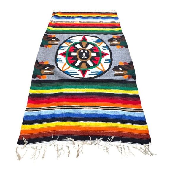 Vintage Southwestern Tribal Inspired Wool Rug Aztec Mayan Sun Face Stripes 50X81 - Picture 3 of 4